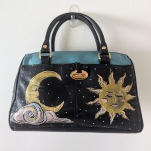 Navy Handpainted Handbag with Sun and Moon Design